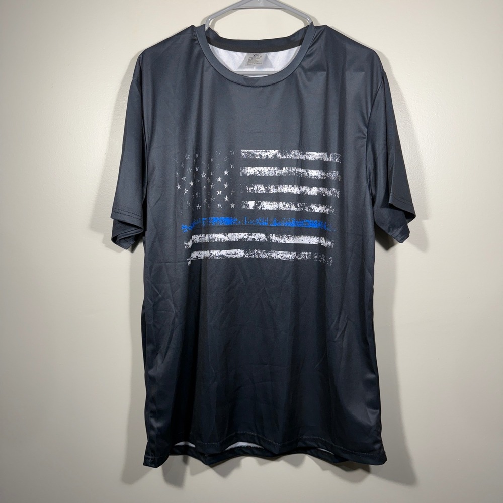 Men's Black Short Sleeve Blue Line American Flag T Shirt‎ size XL